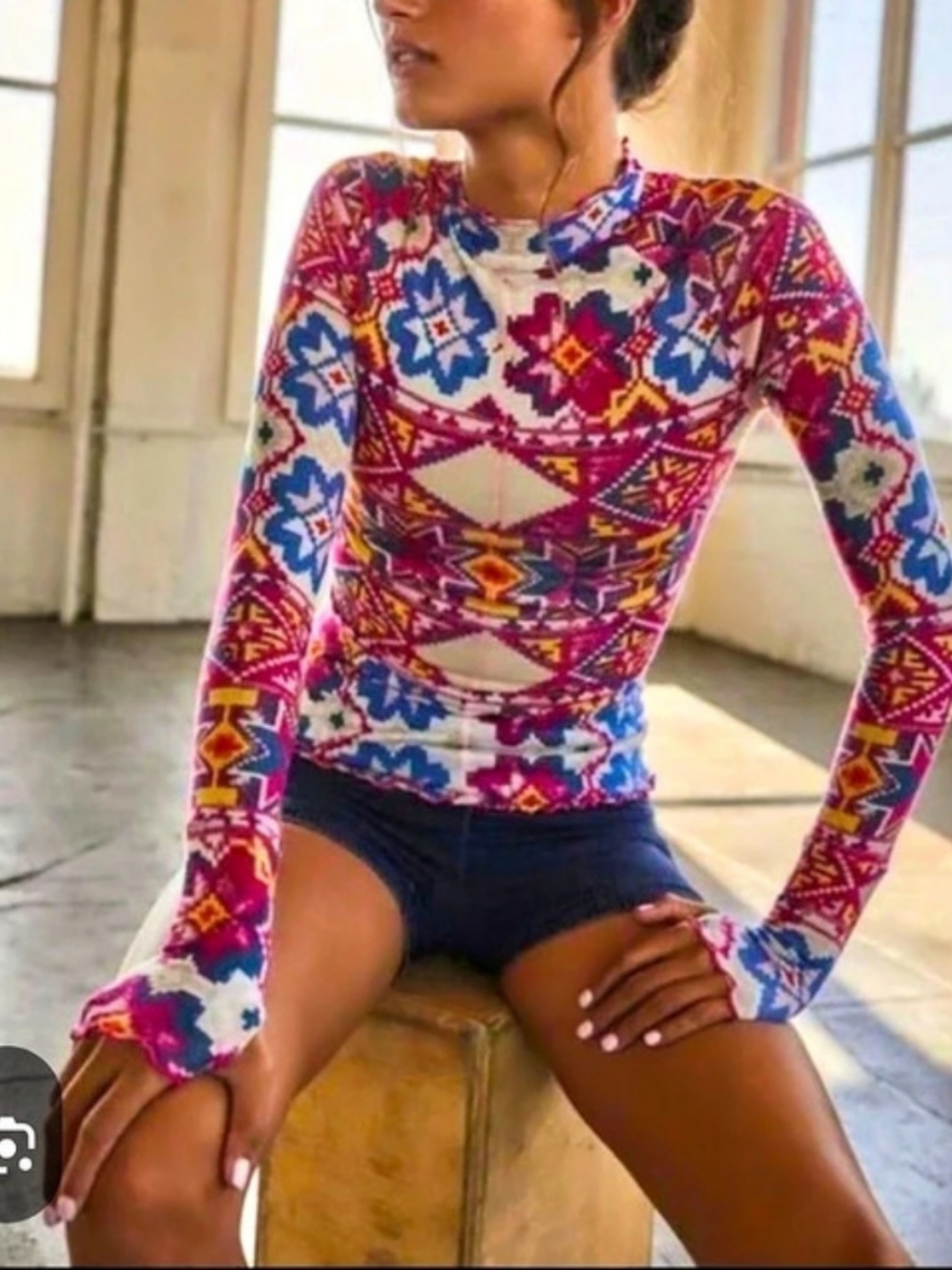 O Free People Fairisle Magenta Long Sleeve Top Geometric Small